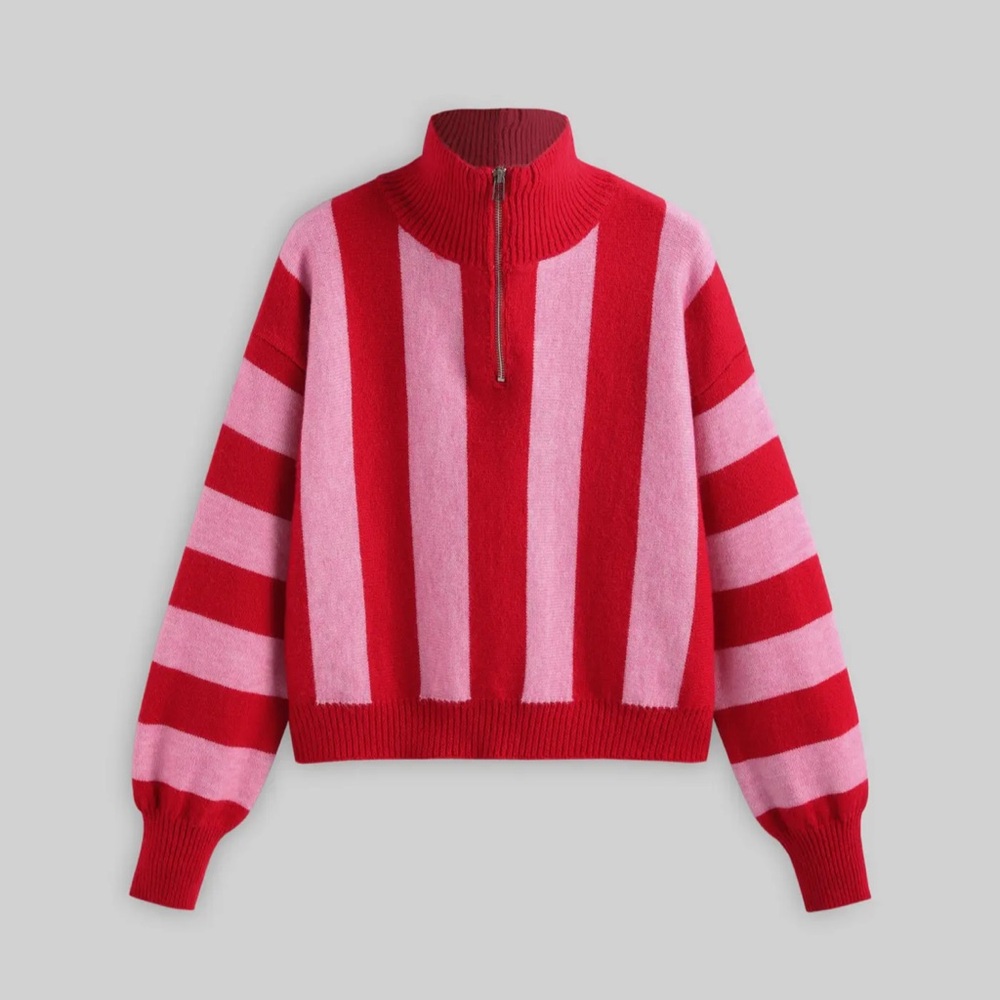 [CIDER] Color Stripe Red & Pink Zip Collar Sweater